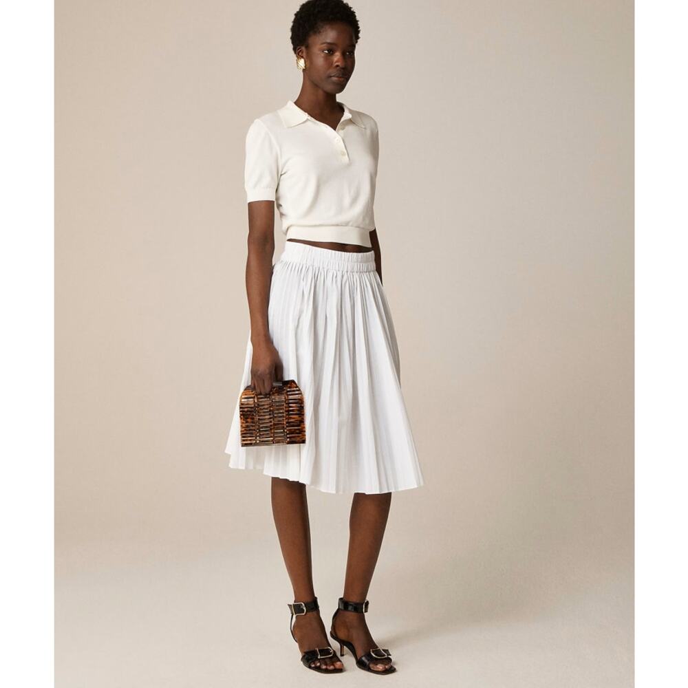 J.Crew Smocked-Waist Pleated Skirt SZ S White Pull On Knee Length A-Line Stretch